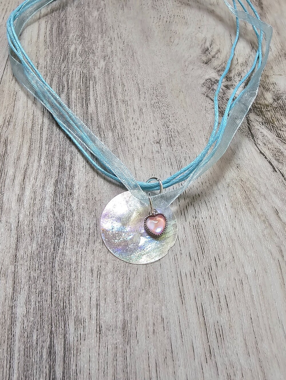 Layered Ribbon Glowy Abalone Charm Necklace Handmade